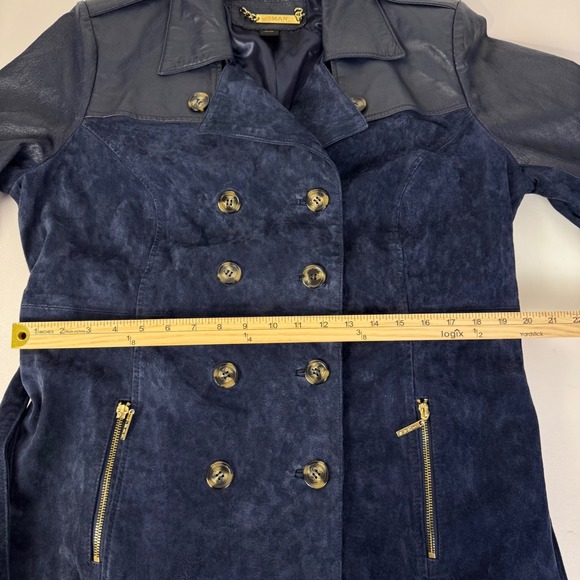 IMAN Trench Coat Women XL Navy Blue Genuine Leather Suede Mixed Media Belted - Picture 10 of 14